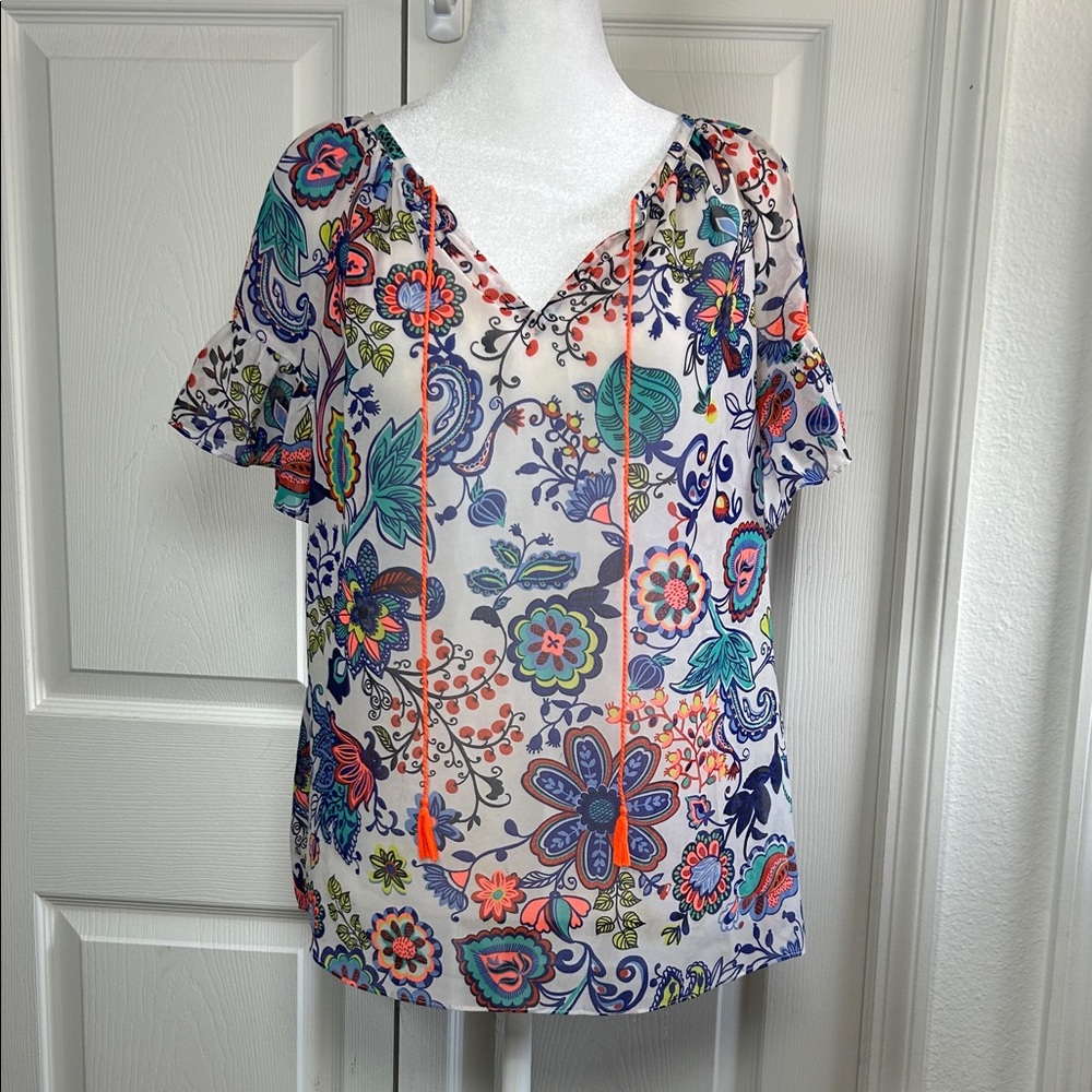 Milly Multicolor Floral Sheer Blouse with Tassels